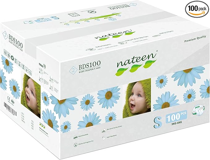 Nateen Premium Baby Diapers, Overnight Use Disposable Diapers for Sensitive Skin, Ultra Thin Diapers with Comfortable Fit. (Size 2 (Small), 100, Count)