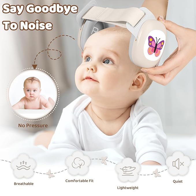 YomauiYee Baby Earmuffs,Baby Noise Cancelling Headphones with Butterfly Pattern, Infant Ear Protection for Toddler 0-48 Months,Infant Travel Essentials for Airplane/Improves Sleep