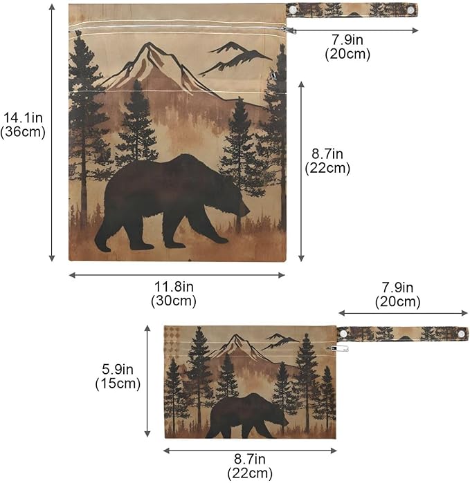 Retro Forest Bear 2 Pack Cloth Diaper Wet Dry Bags,Waterproof Wet Bag for Baby,Travel, Beach, Pool, Diapers, Dirty Yoga Gym Clothes