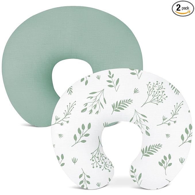 Nursing Pillow Covers 2 Pack, Muslin Nursing Cover for Breastfeeding Pillows, Comfortable for Baby Girls and Boys (Leaf C & Sage)