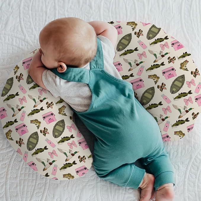 Pink Fishing Hunting Girly Baby Nursing Pillow Covers for Girl Boats Bass Fish Duck Bows Nursing Slipcovers for Breastfeeding Pillows Summer Lake Country Fishing Soft Stretchy Slipcovers for Newborn