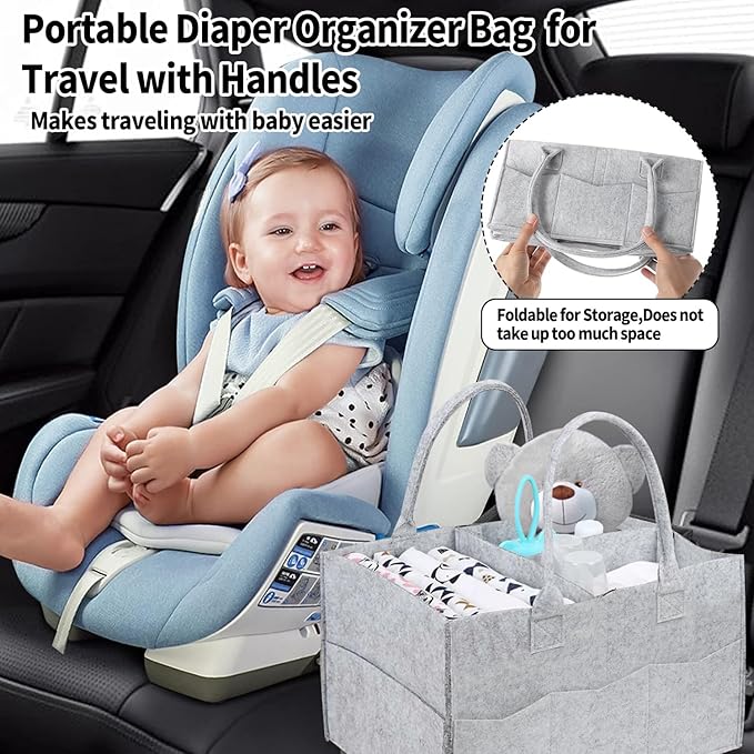 2 Pack Diaper Caddy Organizer, Portable Baby Caddy Organizer with Handle, Collapsible Nursery Storage Bin and Gift Baskets for Girls and Boys - Newborn Essentials, Baby Shower Gifts (Gray)