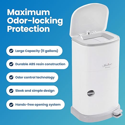 Janibell Akord 330 Adult Diaper Pail System – Holds Up to 35 Adult Diapers per Load, 560 Diapers per Refill Roll, 11-Gallon Hands-Free Step-On Trash Can, Odor-Locking Double Seal, White Resin