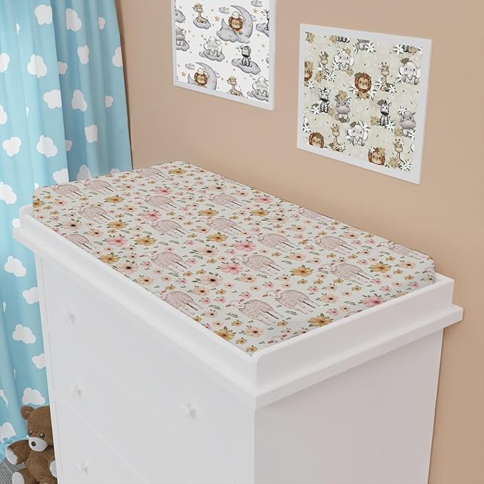 Cute Lambs Boho Retro Flowers Changing Pad Covers Lovely Sheep Floral Diaper Change Table Cover for Baby Boys Girls Soft Breathable Stretch Snug Fitted Changing Mat Sheets 32''x16''