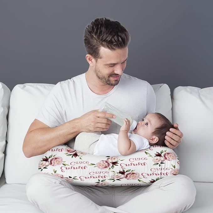 Customizable Flowers Baby Nursing Pillow Cover - Add Your Baby's Name, Ultra-Soft Stretch Fabric, Fits Standard Nursing Pillows, Ideal for Baby Showers Style 13