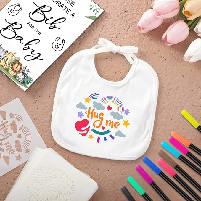 SytuHe 95 Pcs DIY Baby Bibs Decorating Kit50 White Bibs 24 Stencils 20 Fabric Markers 1 Baby Shower Game Sign