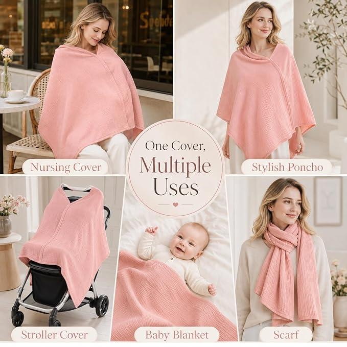 TADO MUSLIN 2-Pack Muslin Nursing Cover for Baby Breastfeeding, 100% Organic Cotton Breastfeeding Cover for Mom, Soft Breathable Privacy Nursing Apron, Multi-use Stroller Cover & Car Seat Canopy Pink