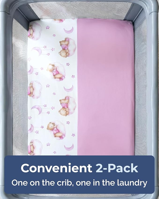 Pack and Play Sheets Fitted - 2 Pack Mini Crib Sheets for Pack N Play Mattress - Unisex Playard Microfiber Bedding for Boys & Girls - Soft, Breathable & Wrinkle Free - Oeko-Tex, 38 x 26in - Dream Bear