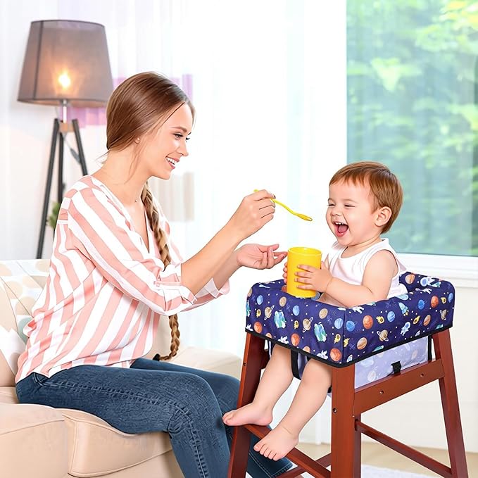 High Chair Cover, Baby High Chair Cover for Restaurants, Waterproof Portable Highchair Covers with 3-Point Harness for Eating, Travel, Home, Machine Washable, Fits Wooden Chairs (Blue)
