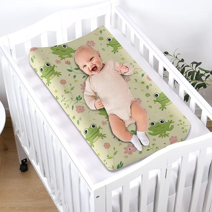 Changing Pad Covers for Boys Girls, Green Floral Frog Diaper Changing Table Pad Cover Soft Breathable Changing Mat Cover for 32''x16" Cute Birthday Gifts for Baby