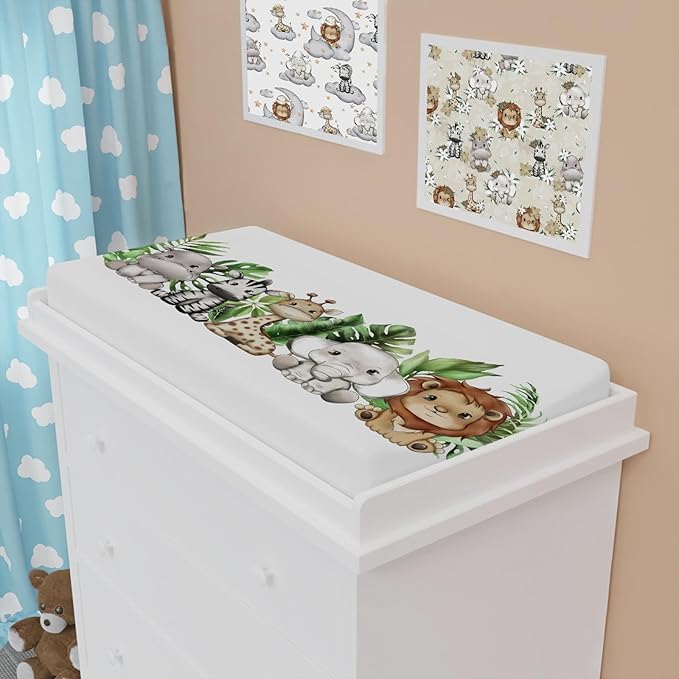 Cute Tropical Jungle Safari Animals Leaves Changing Pad Covers Lion Elephant Giraffe Zebra Hippo Baby Change Table Pad Cover for Boys Girls Soft Stretchy Changing Mat Sheets 32''x16''