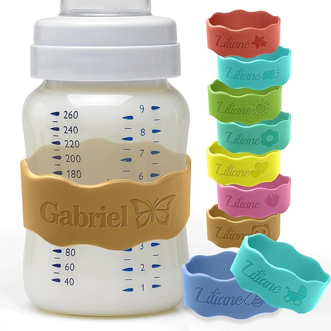 Personalized Baby Bottle Labels for Daycare Custom Silicone Water Bottle Bands Engraved Customized Reusable Name Straps for Kids Girl Boy Baby Shower Gifts Brown