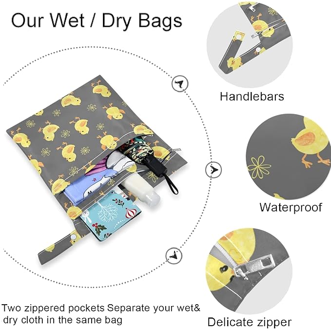 visesunny Cute Chick 2Pcs Wet Bag with Zippered Pockets Washable Reusable Roomy Diaper Bag for Travel,Beach,Pool,Daycare,Stroller,Diapers,Dirty Gym Clothes, Wet Swimsuits, Toiletries