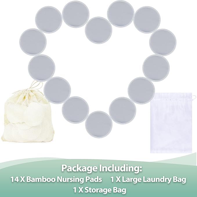 wegreeco Nursing Breast Pads (14 Pack) + Laundry Bag & Travel Storage Bag, 4.7 inch Option - Washable & Reusable Breastfeeding Nursing Pads (Grey, Large, Plain Shape)