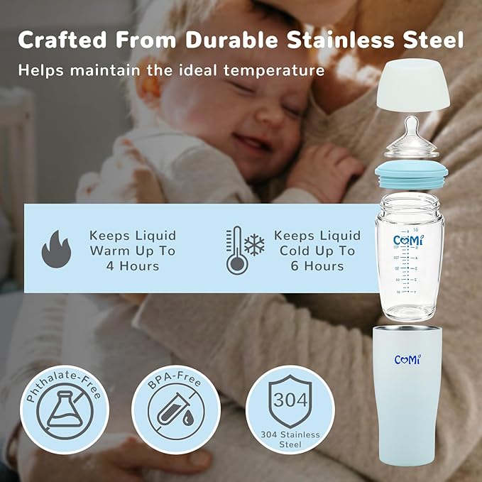 COMI Glass Baby Bottle, Includes Insulated Stainless Steel Sleeve, Newborn Anti-Colic Baby Bottle with Slow Flow Nipple, Leak Proof Insulated, Plastic-Free, BPA-Free, 0-3 Months, 8 oz