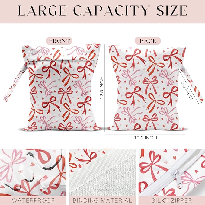 Wet Bag, Wet Dry Bag, Swimsuit Bags, Beach Essentials, Red Bow Decor Waterproof Bags for Travel, Beach, Pool, Diapers, and Dirty Yoga Gym Clothes