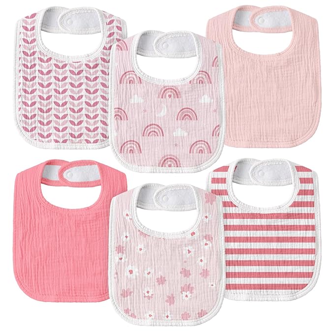 GLLQUEN BABY Muslin Drool Bibs for Boys Girls 6 Pack, Adjustable Baby Bibs for Drooling and Teething, Soft Cotton Baby Bandana Bib for Newborn Feeding Essentials (Rosie Rainbow)