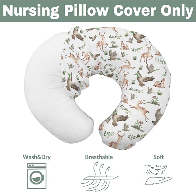 Wild Animals Hunting Baby Nursing Pillow Covers for Boy Girl Mallard Duck Deer Green Leaves Nursery Pillowcase for Breastfeeding Pillows Country Animal Hunters Soft Stretchy Slipcovers for Newborn