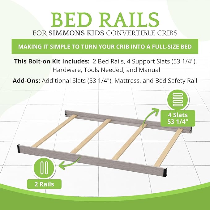 Full-Size Conversion Kit Bed Rails Compatible with Simmons Kids Convertible Cribs by Delta Children - Solid Wood Rail - Toddler & Adult Bed Rail for Full-Size - Nursery Furniture (Storm, BOLT-ON KIT)