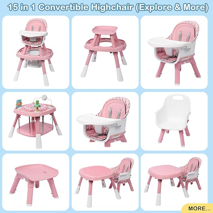 Xilingol 15-in-1 Convertible High Chair, 2-in-1 Baby Highchair & Activity Center W/Toys, Booster Seat | Building Block Table | Toddler Chair W/Removable Tray & 5-Point Harness & 2-Layer Cushion