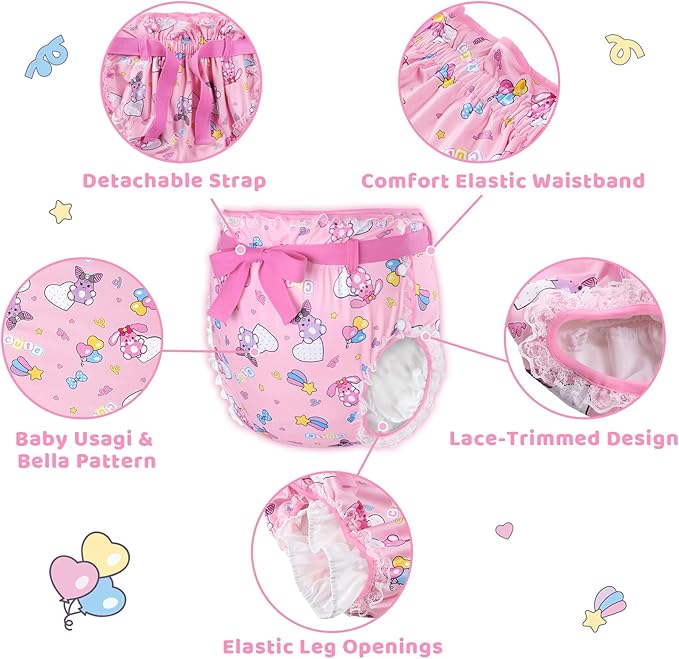Littleforbig Silky Adult Ribbon Omutsu Diaper Wrap Cover Washable Adjustable Reusable Waterproof - Baby Usagi & Bella Pattern M