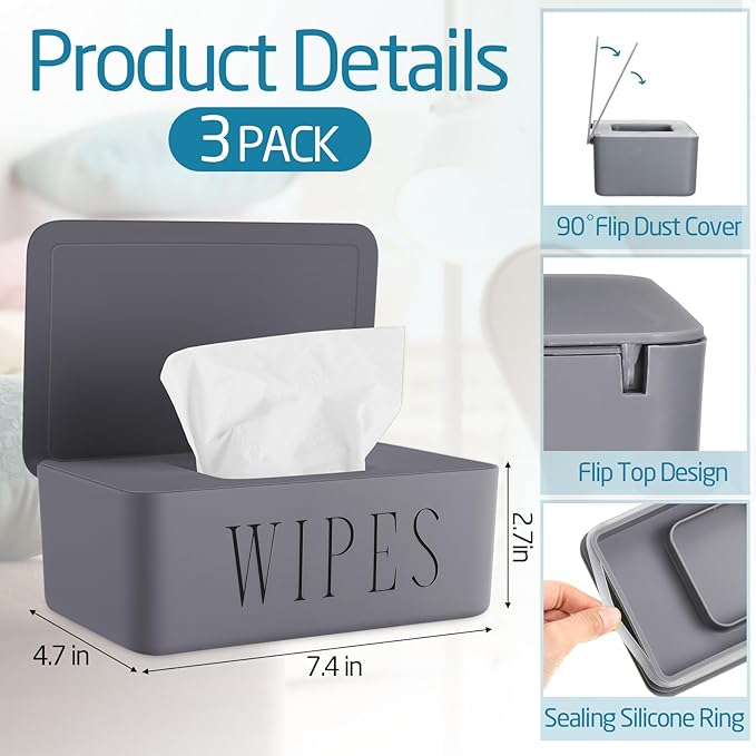 3 Pack Baby Wipes Dispenser Holder Wipe Container for Bathroom with Lid Toilet Tissue Paper Storage Refillable Box for Home Office Cars(Small,Gray)