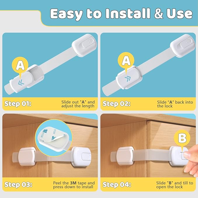 4our Kiddies Child Safety Cabinet Locks for Babies (2 Pack) Child Proof Latches for Cabinets and Drawers Doors, Baby Proofing Cabinet Strap Locks for Cupboards, Fridge, Toilet and Closet