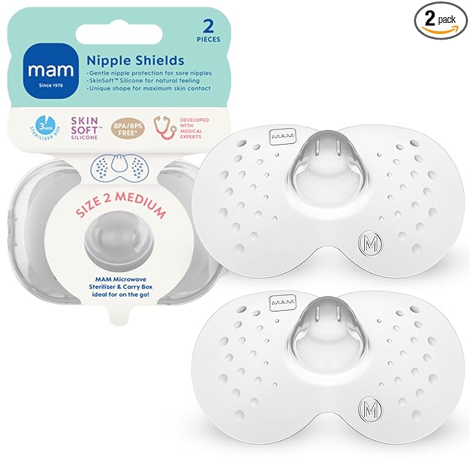 MAM Nipple Shields for Breastfeeding Medium 20mm – Ultra Thin Silicone Shield for Latch Assist, Protects Sore or Flat Nipples, SkinSoft Surface, Sterilizing Case Included, BPA Free (2 Pack)