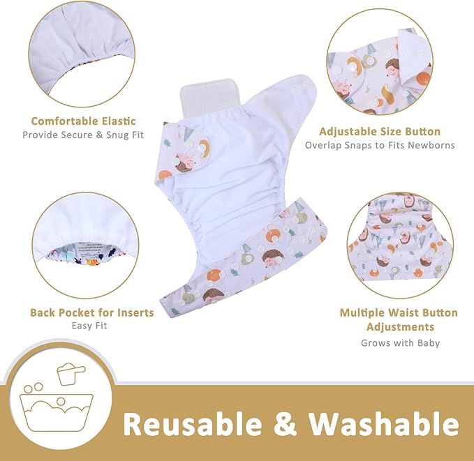 TDIAPERS Cloth Diapers Reusable Washable Pocket Diapers Cover One Size Adjustable for Baby 6 Pack with 12 Inserts