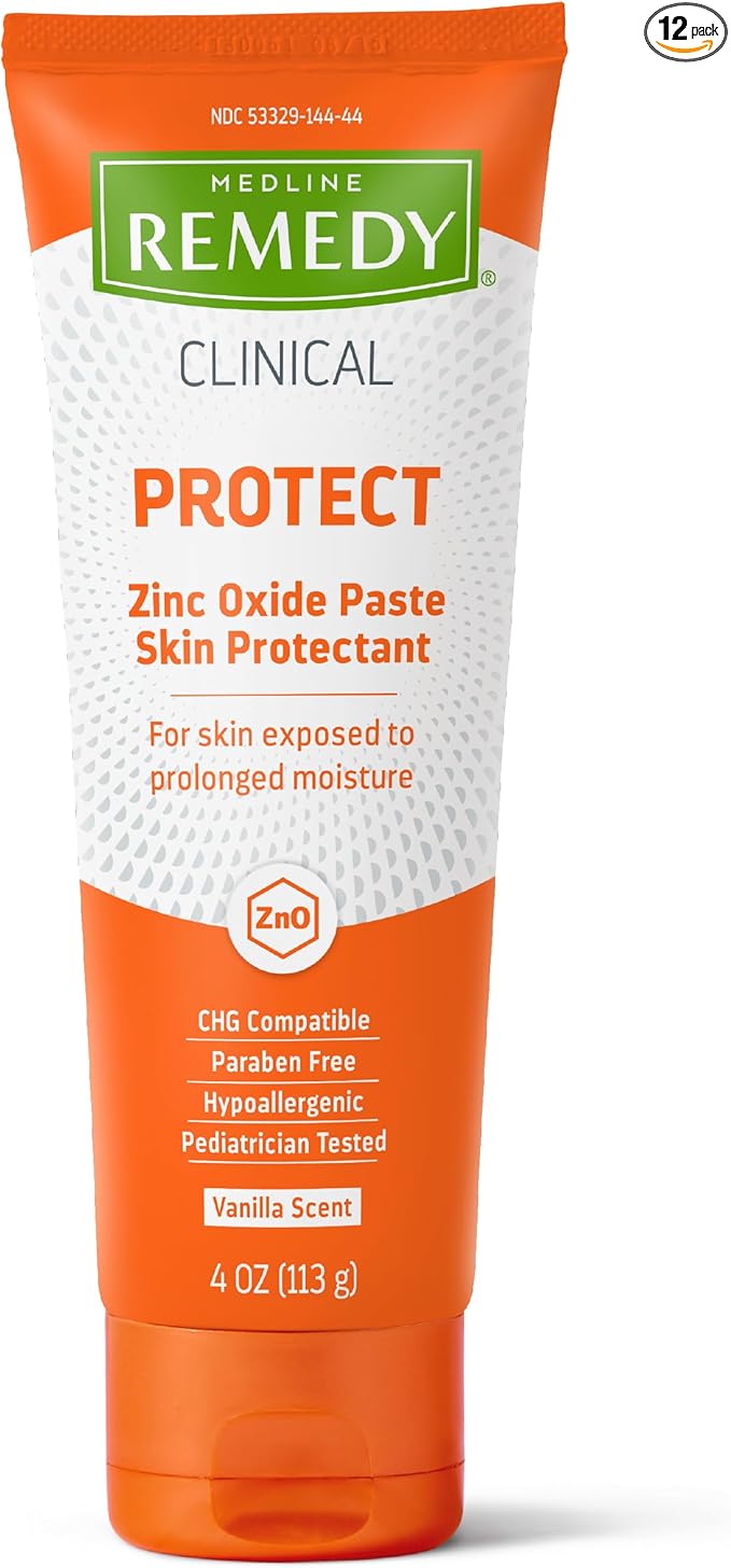 Medline Remedy CLINICAL Zinc Oxide Paste Skin Protectant (4 oz Tube), 12 Count, Vanilla Scent, Diaper Rash Cream, Incontinence Care, Wetness Protection, Paraben Free, Hypoallergenic, Adults, Children