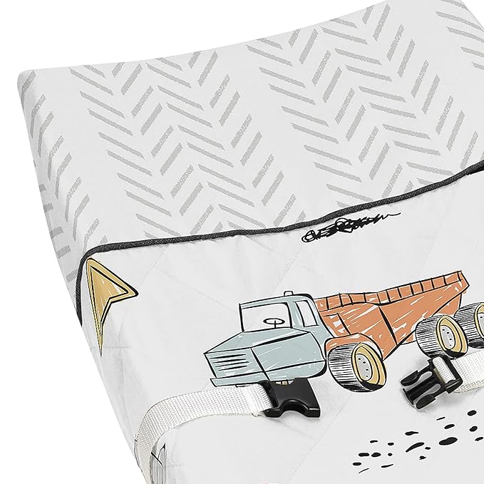 Sweet Jojo Designs Construction Truck Boy Baby Nursery Changing Pad Cover - Grey Yellow Orange Red and Blue Transportation Chevron Arrow