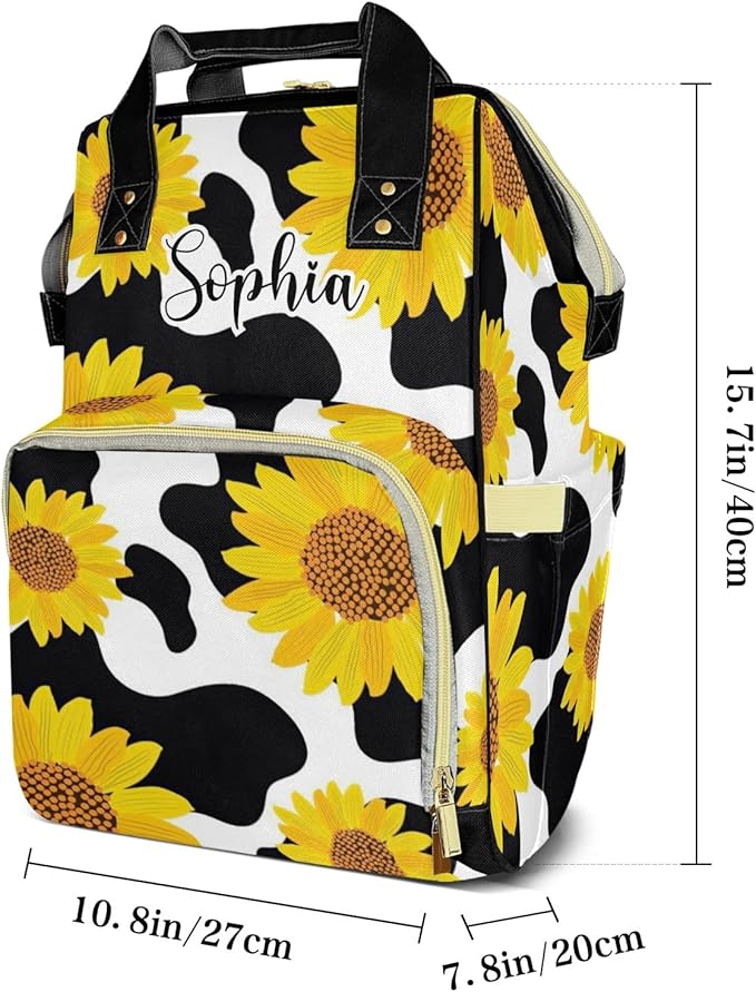 Sunflower Cow Print Diaper Bag Backpack Tote Custom with Name Multifunction Waterproof Travel Back Pack Diaper Bag Gifts Backpack for Men Women 10.8"x7.8"x15.7"