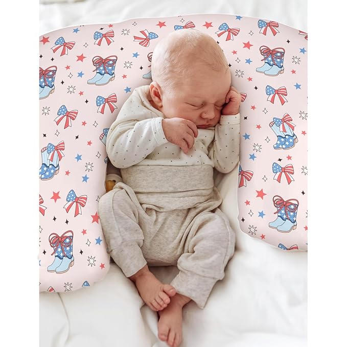 Pink July 4th Cowgirl Baby Nursing Pillow Covers for Girl Western Cowboy Boots American Flag Bows Stars Nursery Slipcovers for Breastfeeding Pillows Patriotic Soft Stretchy Cover for Newborn Infant