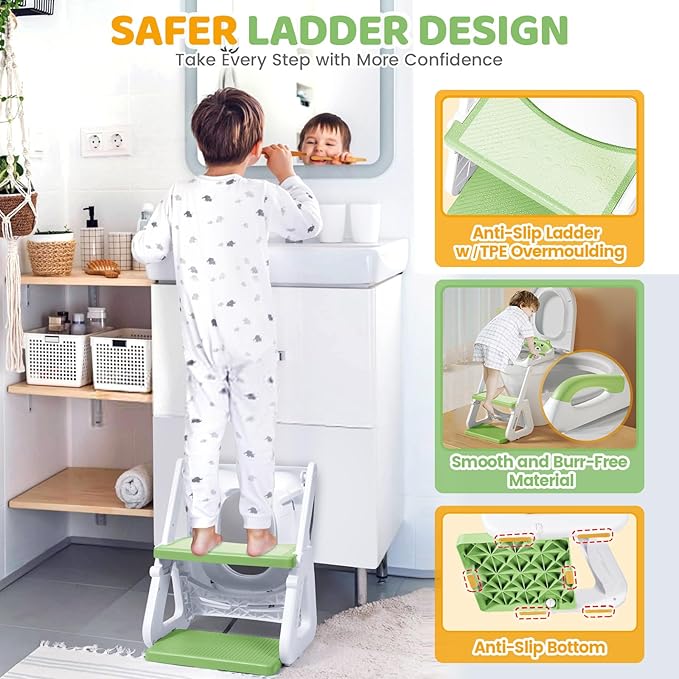 Orzbow Potty Training Seat | Upgrade Toddler Potty Training Toilet with Step Stool, 2-in-1 Stability Toilet Seat for Boys Girls | with Splash Guard, Anti-Slip Pad, Ladder, and Height Adjustable, Green
