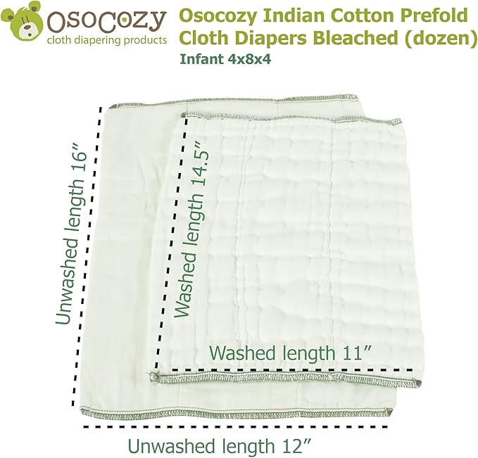 OsoCozy Prefold Cloth Diapers (1 Doz) - Soft, Absorbent, Durable - 100% Cotton