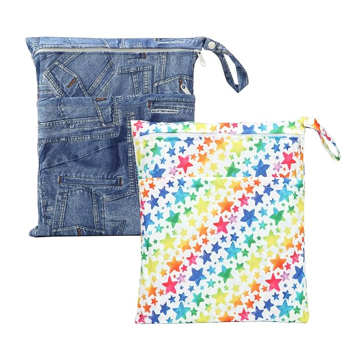 2 Wet Bags Waterproof With Two Zippered Pockets For Cloth Diapers (Jeans and Rainbow)