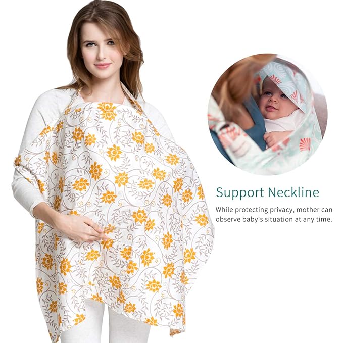 SONARIN Stylish Premium Breastfeeding Nursing Covers,Flower Pattern,with Storage Bag & Towel Corners,4 in 1 Multifunction,Nursing Scarf,Breathable & Lightweight(Yellow)