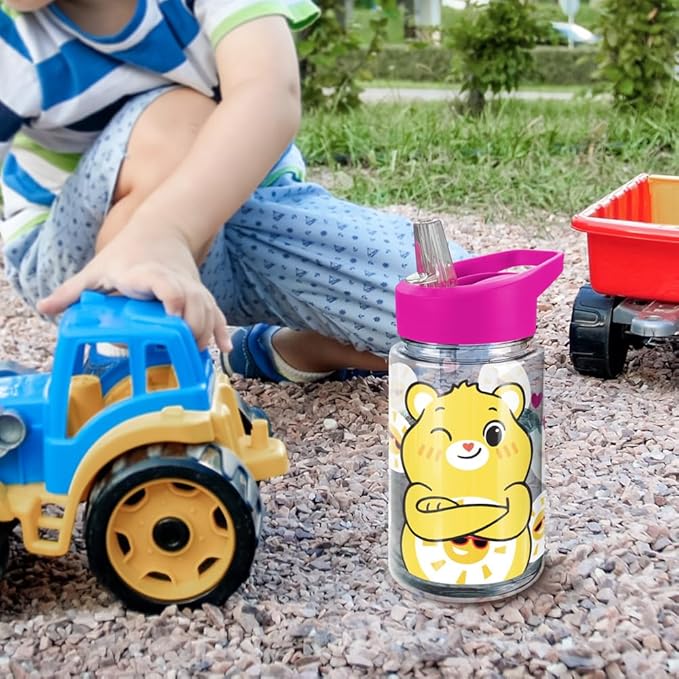 LOGOVISION Care Bears Kids Tritan Plastic Water Bottle with Straw Lid and Handle, Reusable Tumbler for Toddlers, Unisex for Girls and Boys, 12oz, Funshine Bear Belly Pattern