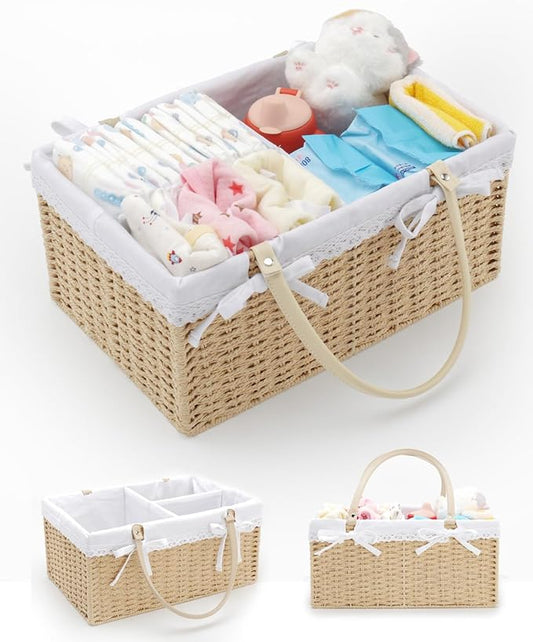Large Baby Diaper Caddy Basket - Wicker Paper Rope Storage Baskets Portable Woven Car Organizer for Diapers With Cotton Divider Brown