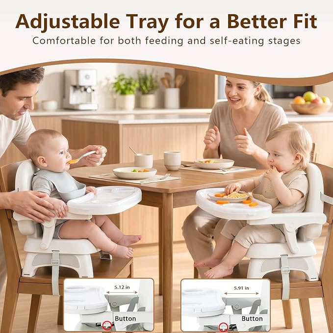 Booster Seat for Kitchen Chair, 3-in-1 Foldable & Portable Booster Seat with Tray, Extra Dishwasher-Safe Tray, Safety Straps for 6–18M (Up to 30 lbs), for Dining Table, Travel & Camping, Pink