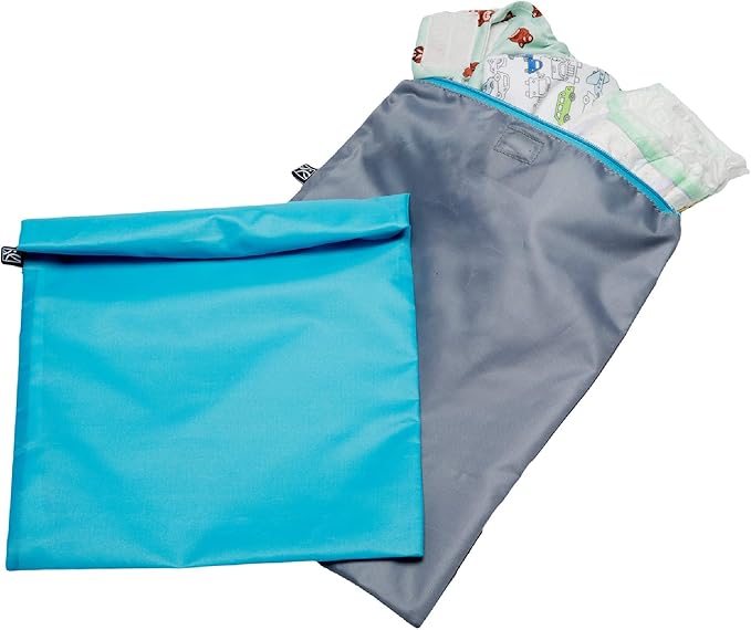J.L. Childress Wet-to-Go Portable Wet and Dry Bags, Waterproof and Leakproof, Machine-Washable, Reusable for Cloth Diapers, Wet Clothes, Swimsuits, and more. 2 Pack, Teal/Grey