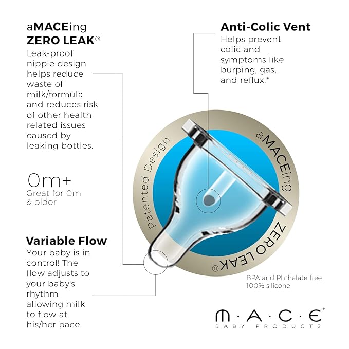 Made in USA aMACEing Zero Leak Baby Bottle with Anti-Colic Vent and Variable Flow, Leak-Proof 10oz (Green)