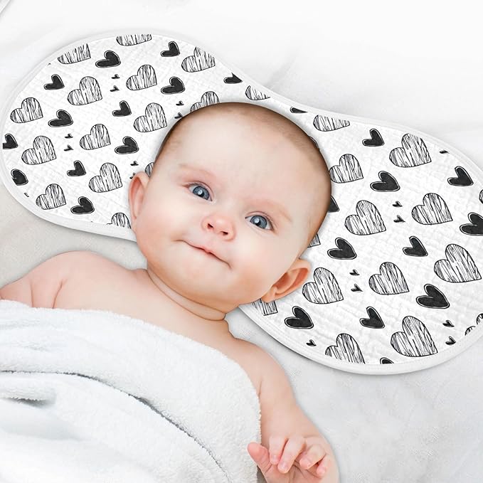 2Pcs Black White Hearts Burp Cloth,Unisex Large Absorbent Soft Cotton Muslin Burping Cloths for Newborn Boys Girls,11x22in,A113395