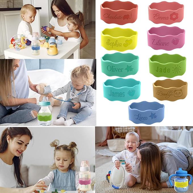 Personalized Water Bottle Name Bands Custom Engraved Silicone Labels Customized Silicone Baby Bottle Labels for Daycare Reusable Baby Bottle Straps for Kids Cups School Waterproof-Blue
