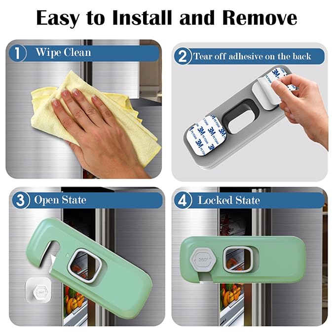 Fridge Locks with Self Adhesive, Refrigerator Latch for Kids, Toddlers and Children, Child & Baby Proofing Freezer Door Lock for, Cabinets and Drawers, Oven, Windows (Green-2pack)