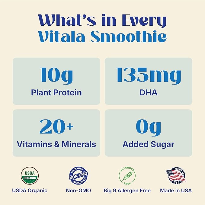 Vitala Organic Protein Smoothie Pouches for Kids & Adults, 10g Plant Protein, 135mg DHA Omega-3, Real Vegetables, No Added Sugar, Allergen Free, Ivy League Developed, 10 Count (Apple Glow)