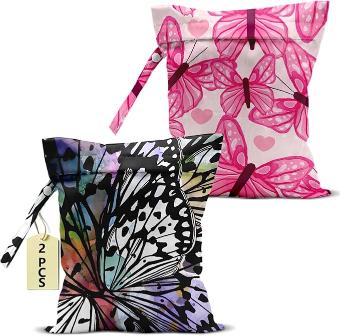 Butterfly Gifts for Women, 2Pcs Butterfly Print Wet Bags, Wet Dry Bag Reusable Zipper Pouch for Swimsuit, Diapers, Beach, Dirty Yoga Gym Clothes, Toiletries, Waterproof Birthday Gifts