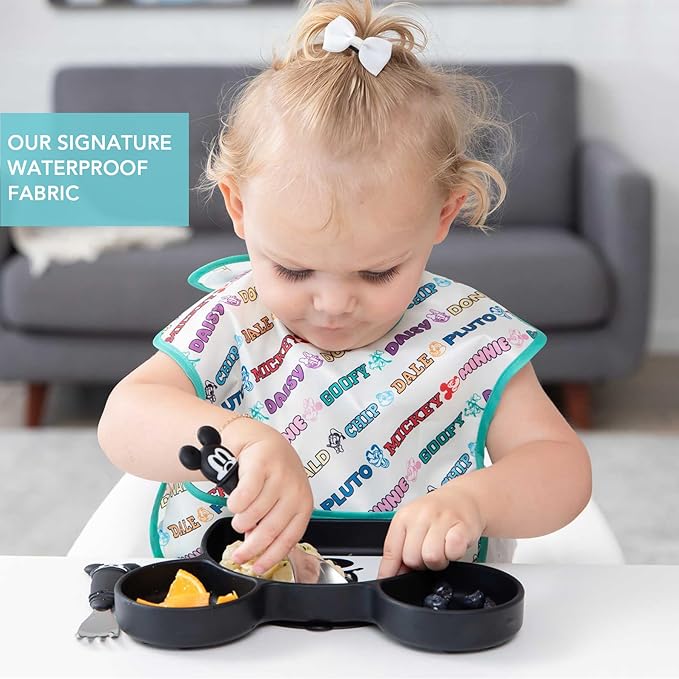 Bumkins Disney Bibs for Girl or Boy, SuperBib Baby and Toddler for 6-24 Months, Essential Must Have for Eating, Feeding, Baby Led Weaning, Mess Saving Waterproof Soft Fabric, 3-pk Mickey and Friends
