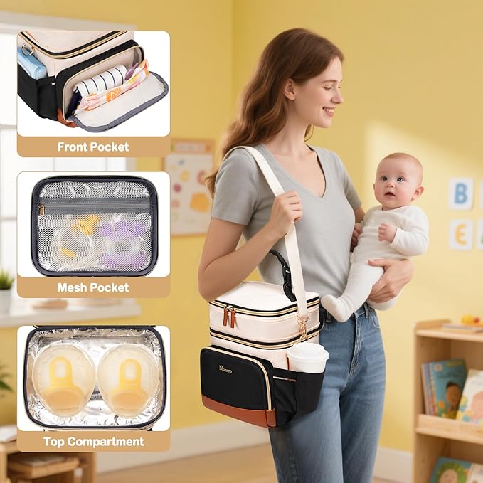Mancro Expandable Breastmilk Cooler Bag with Ice Pack, Fits 6 Bottles Up to 9 Ounce, Portable Breast Pump Bag with Cooler, Bottle Bags for Daycare for Nursing Moms, White and Grey