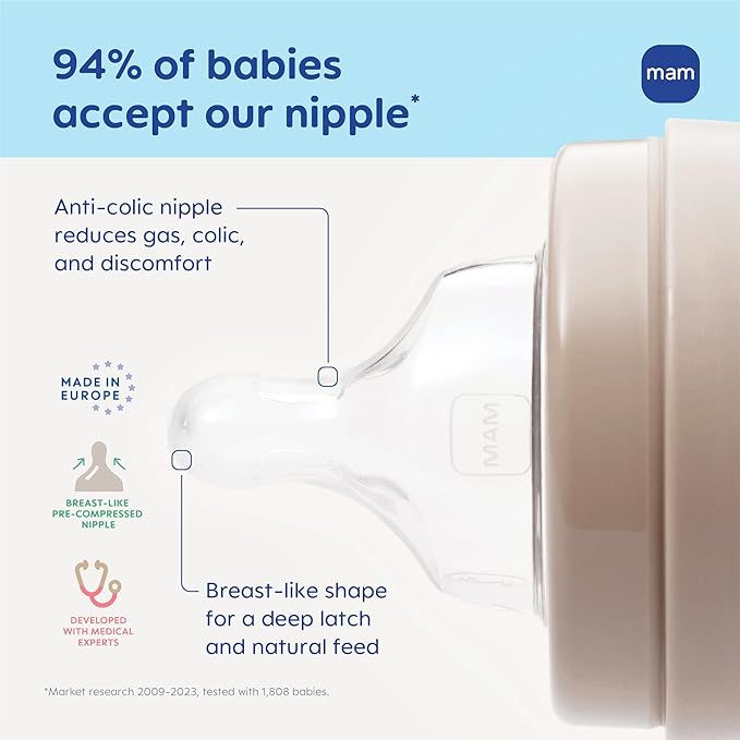 MAM 9oz Easy Start Anti-Colic Wide Neck Vented Baby Bottle, Medium Flow Breastfeeding-Like Nipple, Reduces Colic Gas & Reflux, Easy to Clean, BPA Free, 2+ Months, Made in Europe, 2 Pack, Unisex